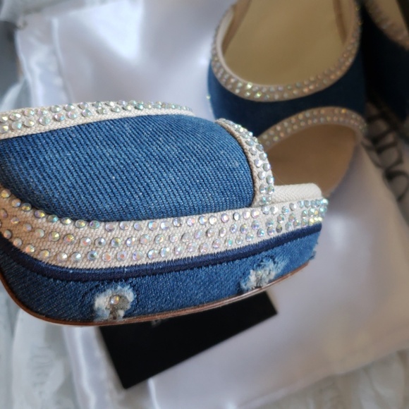 Women's Fancy Jean Material Rhinestone Heels Shoes - Picture 5 of 8